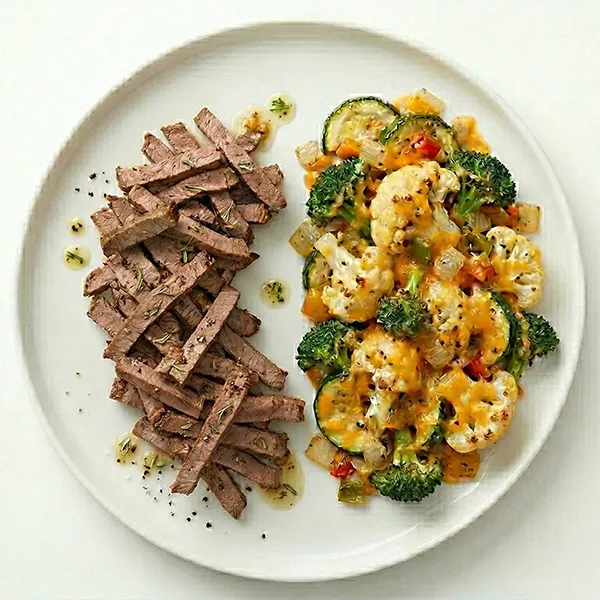 Garlic Rosemary Beef with Cheesy vegetable mix